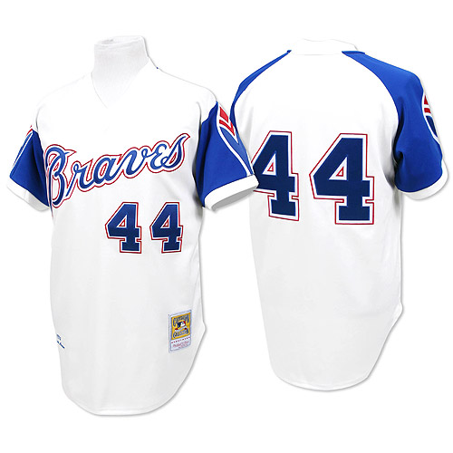 1974 Throwback MLB Atlanta (Milwaukee) Braves 44 Hank Aaron White Blue MLB M&N Jersey